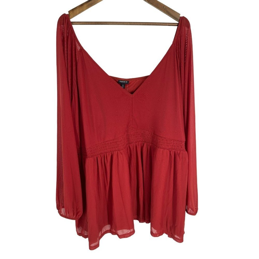 Torrid Stretch Mesh Long Sleeve V-Neck Smocked Waist Babydoll Shirt Size 5X